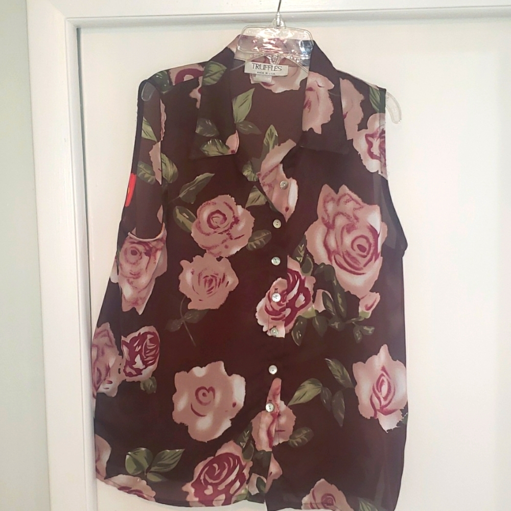 Truffles Chocolate and Roses Sheer Button Down Sleeveless Top